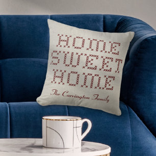 Rustic Faux Cross-Stitch Home Sweet Home Bourgondi Kussen