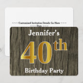 Rustic, Faux Gold 40th Birthday Party; aangepaste  Kaart (Voorkant / Achterkant)