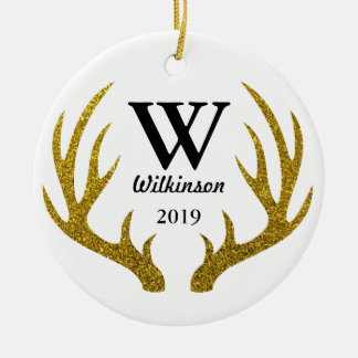 Rustic Faux Gold Glitter Deer Antlers familienaam Keramisch Ornament