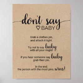 Rustic Faux Kraft Calligraphy Zeg geen Baby Sign Poster