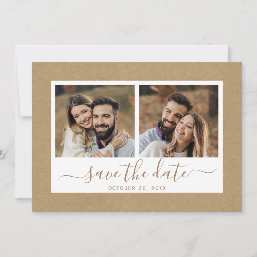 Rustic Faux Kraft Paper Gold Wedding 2 Foto Save The Date (Voorkant)