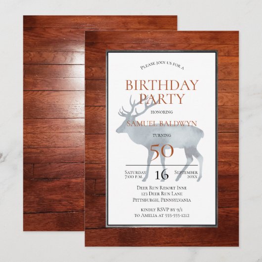 Rustic Faux Wood Antlered Deer Birthday Party Kaart (Voorkant / Achterkant)