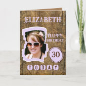 Rustic faux wood brown lila 30e verjaardag kaart (Voorkant)