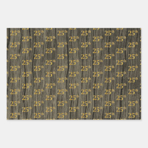 Rustic Faux Wood Grain, Elegant Faux Gold "25th" Inpakpapier Vel