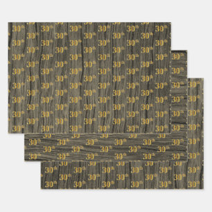Rustic Faux Wood Grain, Elegant Faux Gold "30th" Inpakpapier Vel