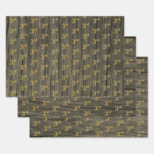 Rustic Faux Wood Grain, Elegant Faux Gold "3rd" Inpakpapier Vel