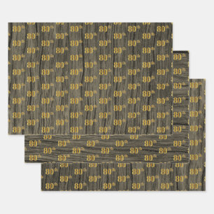 Rustic Faux Wood Grain, Elegant Faux Gold "80th" Inpakpapier Vel