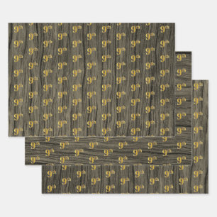 Rustic Faux Wood Grain, Elegant Faux Gold "9th" Inpakpapier Vel