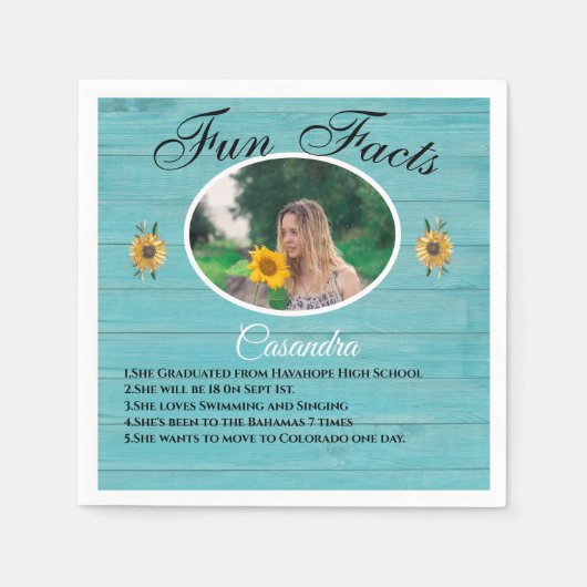 Rustic Feest Fun Fact Zonnebloem Teal Hout Servet (Voorkant)