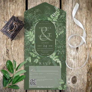 Rustic Fern Green Foliage Emerald QR-code All In One Uitnodiging