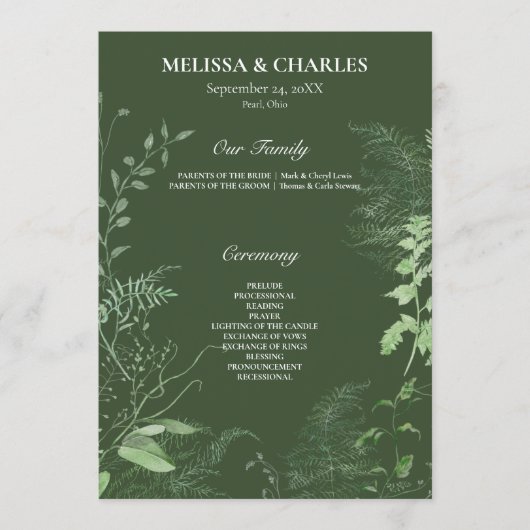 Rustic Fern Green Foliage Emerald Wedding Programma (Voorkant)