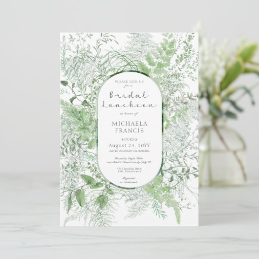 Rustic Fern Green Foliage Witte Bruids Luncheon Kaart (Staand voorkant)