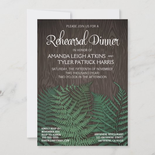 Rustic Fern Mariage Répétition Dîner Invitations (Devant)