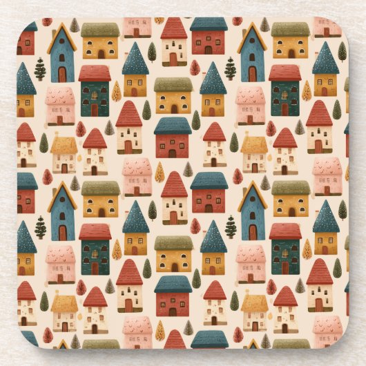 Rustic Festive Christmas Houses Seamless Pattern Bier Onderzetter (Voorkant)