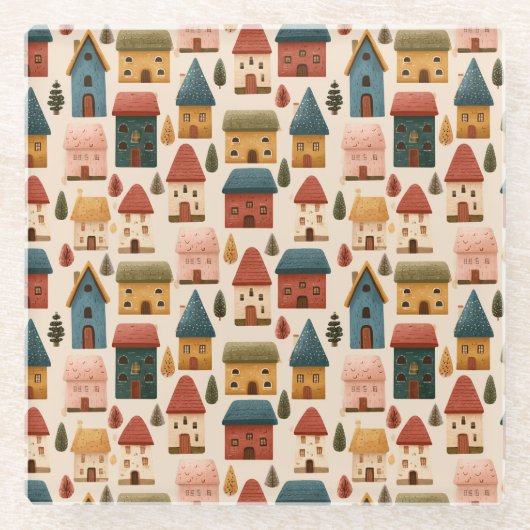 Rustic Festive Christmas Houses Seamless Pattern Glazen Onderzetter (Voorkant)