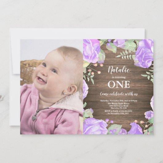 Rustic First 1st Birthday Invitation Paars Floral Kaart (Voorkant)