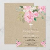 Rustic First Heilige Communie meisje blush roze fl Kaart (Voorkant / Achterkant)