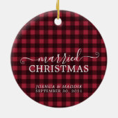 Rustic First Kerstfeest Married Pine Wreatfoto Keramisch Ornament (Achterkant)