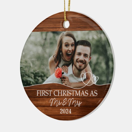 Rustic First Kerstmis als Mr. & Mrs. Keramisch Ornament (Links)