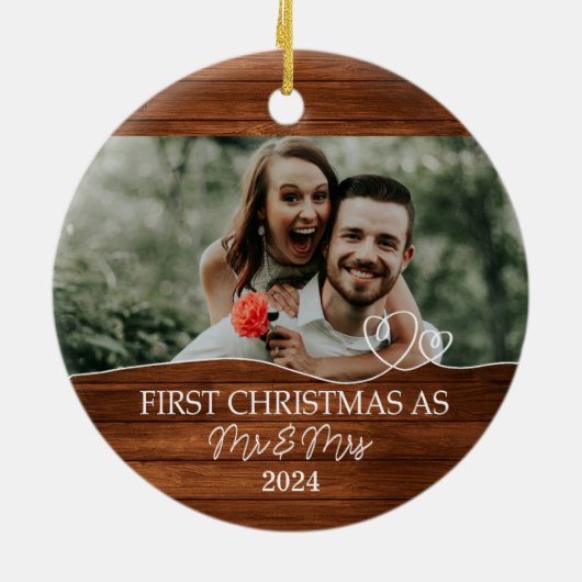 Rustic First Kerstmis als Mr. & Mrs. Keramisch Ornament (Achterkant)