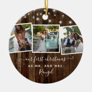 Rustic First Kerstmis Mr Mrs Photo Collage Lights Keramisch Ornament