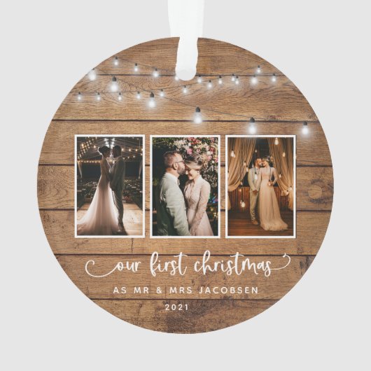 Rustic First Kerstmis Mr Mrs Photo Collage Lights Ornament (achterkant)