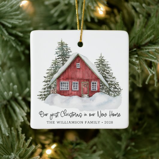 Rustic First Kerstmis New Home Woodland Keramisch Ornament (Boom)