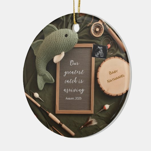 Rustic Fishing-Themed Pregnancy Announcement Keramisch Ornament (Links)