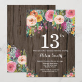 Rustic Floral 13th Birthday Invitation Kaart (Voorkant / Achterkant)
