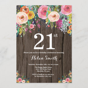 Rustic Floral 21st Birthday Uitnodiging