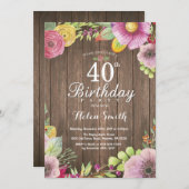 Rustic Floral 40e anniversaire Invitation pour les (Devant / Derrière)