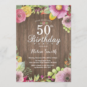 Rustic Floral 50th Birthday Invitation for Women Kaart