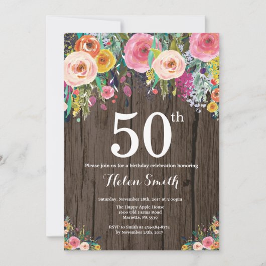 Rustic Floral 50th Birthday Invitation Kaart (Voorkant)