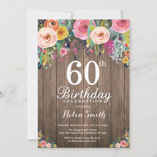Rustic Floral 60e anniversaire Invitation pour fem (Devant)