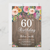 Rustic Floral 60th Birthday Invitation for Women Kaart (Voorkant)