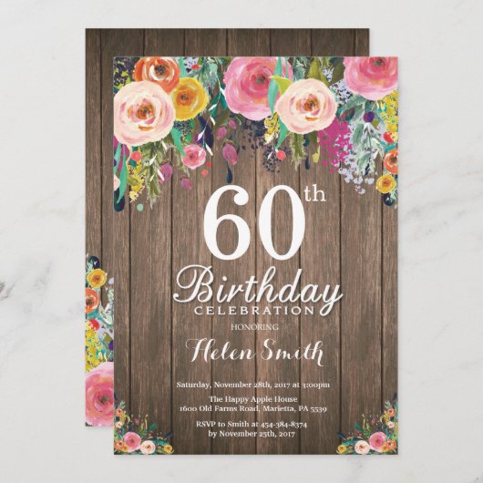 Rustic Floral 60th Birthday Invitation for Women Kaart (Voorkant / Achterkant)