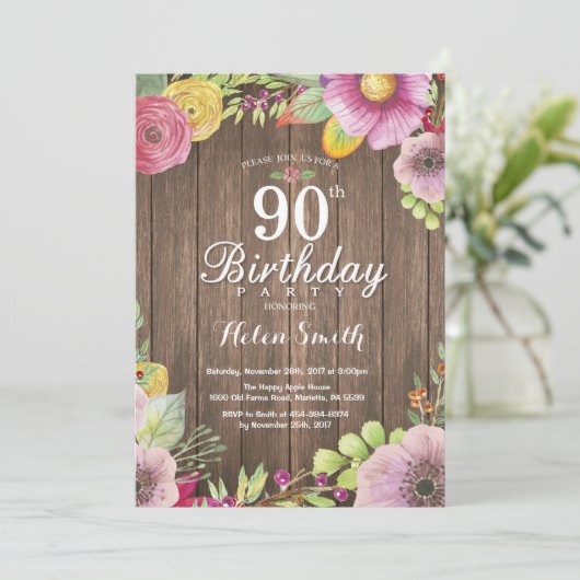 Rustic Floral 90e Invitation d'anniversaire pour l (Debout devant)