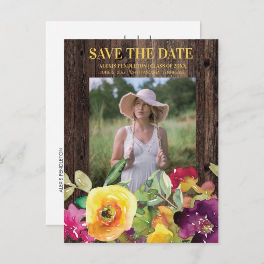 Rustic Floral Afstuderen Save Date Notice Uitnodiging Briefkaart (Voorkant / Achterkant)