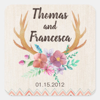 Rustic Floral Antler Wedding Sticker