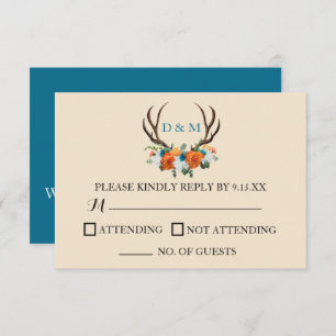 Rustic Floral Antlers BOHO Wedding RSVP Card