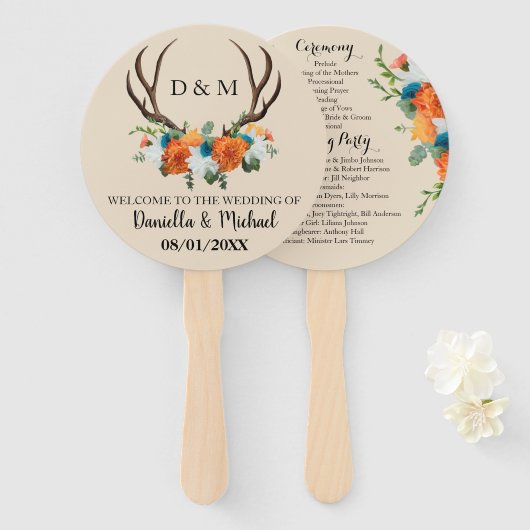 Rustic Floral Antlers Wedding Ceremony Programme Handwaaier (Voorkant en achterkant)