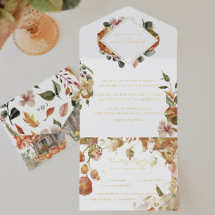 Rustic Floral Autumn Barn Wedding Fall Leaves All In One Uitnodiging