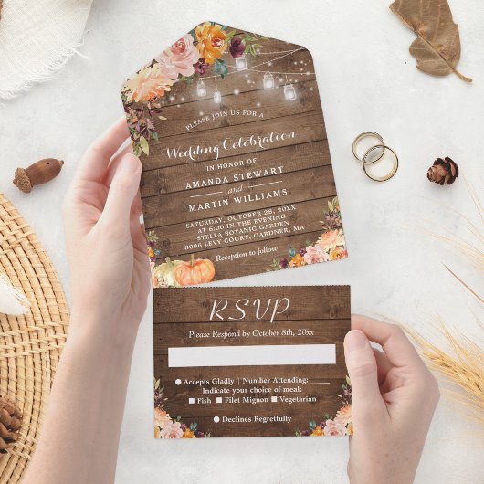 Rustic Floral Autumn Pumpkin String Lights Wedding All In One Uitnodiging