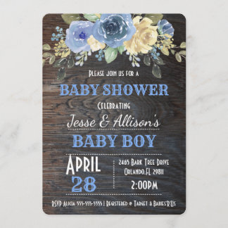 Rustic Floral Baby Boy Baby shower Uitnodiging