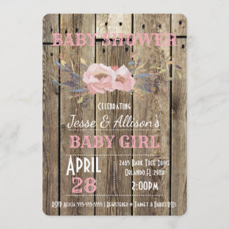 Rustic Floral Baby Girl Baby shower Uitnodiging
