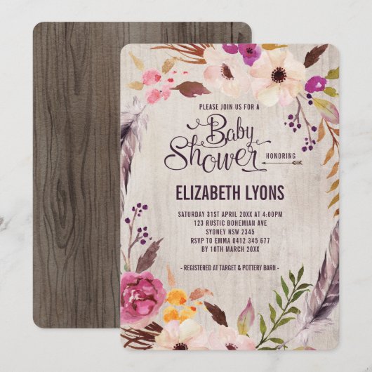 Rustic Floral Baby shower Invitation Boho Party Kaart (Voorkant / Achterkant)