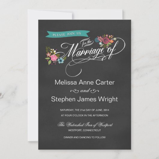 Rustic Floral Banner Chalkboard Wedding Invites Kaart (Voorkant)
