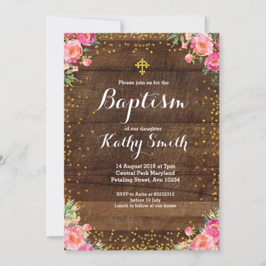 Rustic Floral Baptism Invitation Girl Kaart (Voorkant)