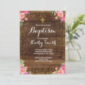 Rustic Floral Baptism Invitation Girl Kaart (Staand voorkant)