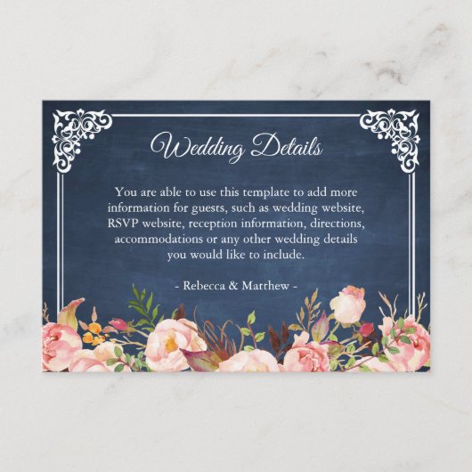 Rustic Floral Blue Chalkboard Wedding Details Informatiekaartje (Voorkant)